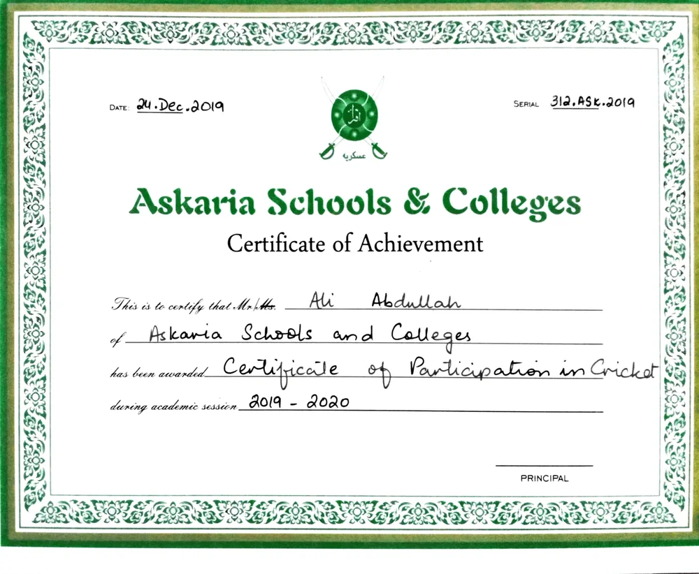 Askaria cricket participation certificate